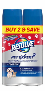 Two Resolve Pet Expert heavy traffic foam cleaner cans side-by-side with a yellow "BUY 2 & SAVE" band and paw print graphics
