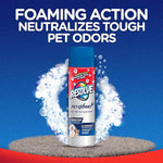 Single can of Resolve Pet Expert foam carpet cleaner centered on a blue background with foaming bubbles and text about neutralizing pet odors