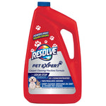 Front-facing red jug of Resolve Pet Expert carpet cleaning formula showing full product label and blue cap