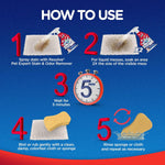 Step-by-step illustrated how-to graphic showing five numbered instructions for using Resolve Pet Expert spray on carpet stains