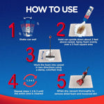 Illustrated step-by-step how-to-use guide showing shaking the can, spraying foam on carpet, working foam with a mop, and vacuuming when dry