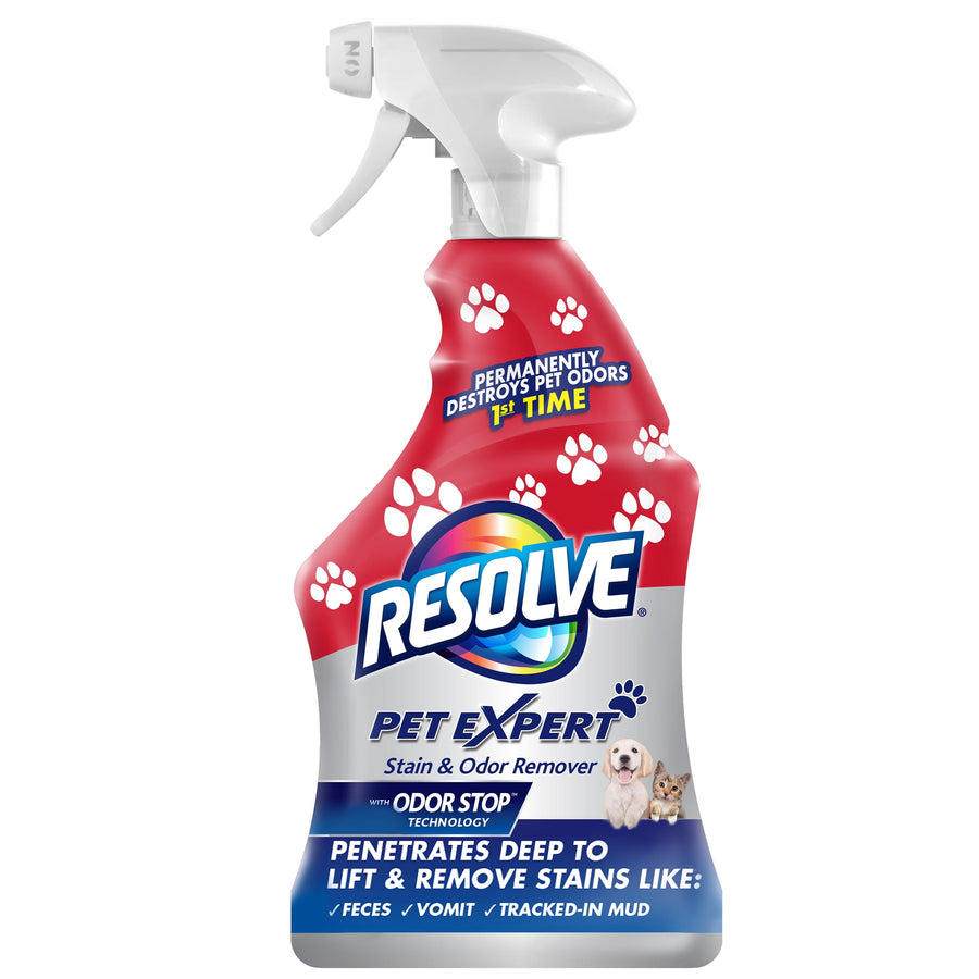 Single bottle of Resolve Pet Expert stain and odor remover spray with red paw-print label on white background