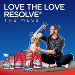 Lifestyle graphic of a man and a golden retriever with an array of Resolve Pet cleaning products displayed on carpet
