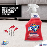 Resolve Pro spray bottle on carpet with graphic arrows and text stating neutralizes odors and lifts out stains
