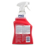 Rear view of a red Resolve Pro carpet cleaner spray bottle showing warning text and barcode