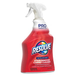 Angled front view of a red Resolve Pro stain remover carpet cleaner spray bottle on white background
