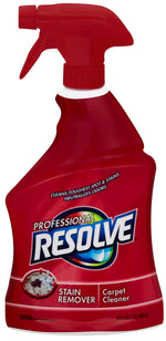 Close-up front view of a red Resolve Professional stain remover spray bottle with label visible