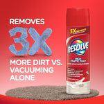 Resolve High Traffic Foam can on red background with large text ‘removes 3X more dirt vs. vacuuming alone’