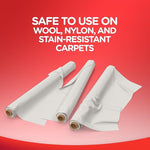 Illustration of rolled carpet samples on a red background with text stating safe to use on wool, nylon, and stain-resistant carpets