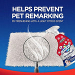 Resolve Pet Expert spray bottle angled over a magnified section of carpet illustrating odor prevention with text about remarking