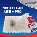 Resolve Pet Expert spray bottle near a stained shag rug with headline "Spot clean like a pro" on blue background