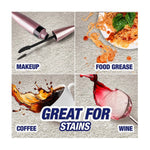Four-panel graphic showing makeup, food grease, coffee and wine stains on carpet with text 'Great for Stains'