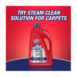 Promotional graphic of a red Resolve steam clean solution jug on a red background and headline text