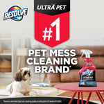 Resolve Ultra Pet branding graphic with #1 claim, living room scene, small dog and product bottle on a table