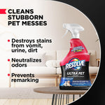 Infographic-style image showing Resolve Ultra Pet bottle with text listing cleans stubborn pet messes and benefits
