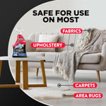 Resolve Ultra Pet bottle on a coffee table beside a sofa with callouts labeling fabrics, upholstery, carpets, and area rugs