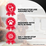 Red badge icons and text highlighting suitability for use around pets, pet-focused design, and Oxi+ Odor Stop tech over a faded dog photo
