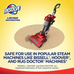 Resolve logo with an upright red vacuum on a carpet graphic and message about compatibility with popular steam machines