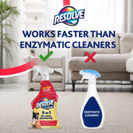 Resolve logo and headline claiming it works faster than enzymatic cleaners with product and generic bottle