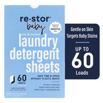 Blue re·stor baby box of pre-measured laundry detergent sheets with '60 sheets' callout and loads badge