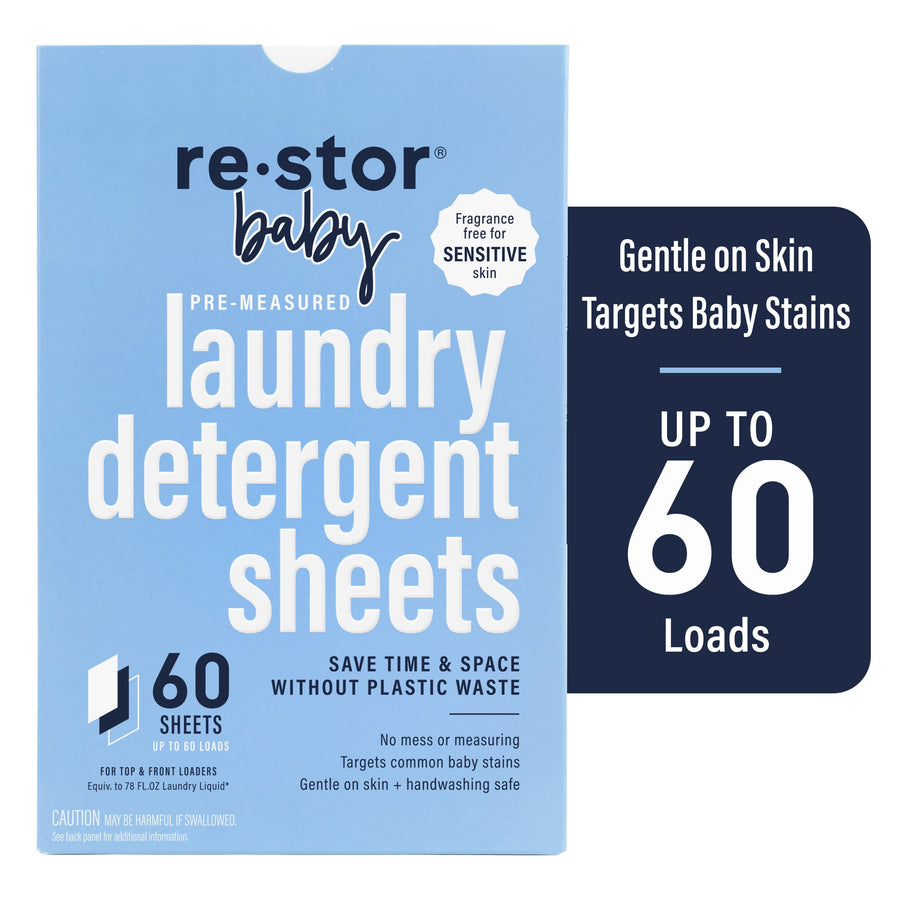Blue re·stor baby box of pre-measured laundry detergent sheets with '60 sheets' callout and loads badge