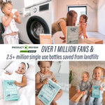 Collage of parents and children using or holding re·stor baby laundry detergent sheets with award and sustainability claims