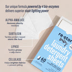 Top-down view of re·stor baby box with several detergent sheets and infographic labeling four bio-enzymes and functions