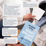 Hands holding a detergent sheet over a washer and a re·stor baby box with customer review callouts overlaying the scene