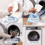 Four-step photo grid showing hands grabbing a detergent sheet, placing it in drum, adding laundry and starting the machine