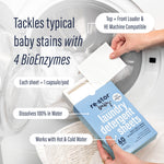 Hands pulling a detergent sheet from a re·stor baby box in front of an open washing machine with feature callouts