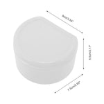 Closed white retainer case shown with dimension arrows and measurements in an infographic-style product photo.