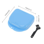 Blue orthodontic retainer case with small black brush and printed dimensions indicating length and height