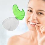 Open light green and white retainer case floating beside smiling woman holding a clear aligner