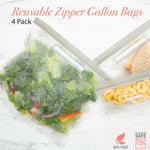 Three reusable zipper bags with gray trim shown holding salad, sandwich and banana chips with 'Reusable Zipper Gallon Bags' text overlay.