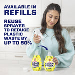 Person replacing a spray top on a Mr. Clean Clean Freak lemon zest refill bottle with text promoting reuse of the sprayer to reduce plastic waste.