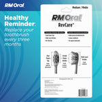 Back-of-pack style graphic for RM Oral RevCare showing product features, brush illustrations and a reminder to replace toothbrush every three months
