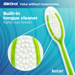 Close-up of RevCare toothbrush back showing built-in tongue cleaner with magnified circular detail on teal background