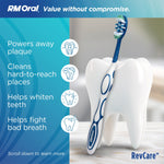 Lifestyle-style product graphic with RM Oral RevCare toothbrush leaning on a large stylized tooth and benefit icons on teal panel