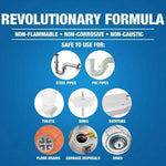 Blue infographic titled 'Revolutionary Formula' with icons showing toilets, sinks, tubs, pipes and drains.