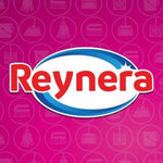 Reynera brand logo in white oval with blue swoosh on a magenta patterned background
