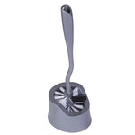 Angled view of a grey toilet brush seated in a matching curved caddy showing round bristle head