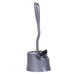 Grey toilet brush with curved handle placed in matching caddy shown from a side perspective