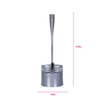 Grey toilet bowl brush in matching caddy on white background with pink measurement callouts showing height and width