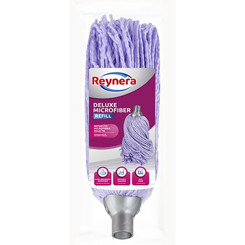 Packaged Reynera lavender microfiber screw-in strip mop head with product label visible