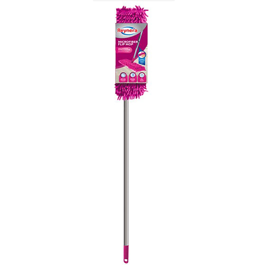 Full-length magenta microfiber flip mop with packaged label attached and silver handle against white background