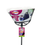Packaged Reynera XL angle broom head with label attached to a gray handle against a white background.