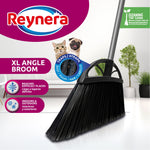 Graphic close-up of a Reynera XL angle broom showing black angled bristles, brand logo and product callouts.