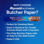 Blue infographic panel with Reynolds Kitchens butcher paper box and bulleted benefits promoting smoking meats.
