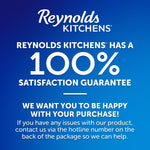 Blue Reynolds Kitchens graphic with a large "100% satisfaction guarantee" message and customer service instructions