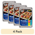 Four stacked Reynolds Kitchens aluminum disposable grill pans in packaging labeled '4 Grill Pans' with skewer photo